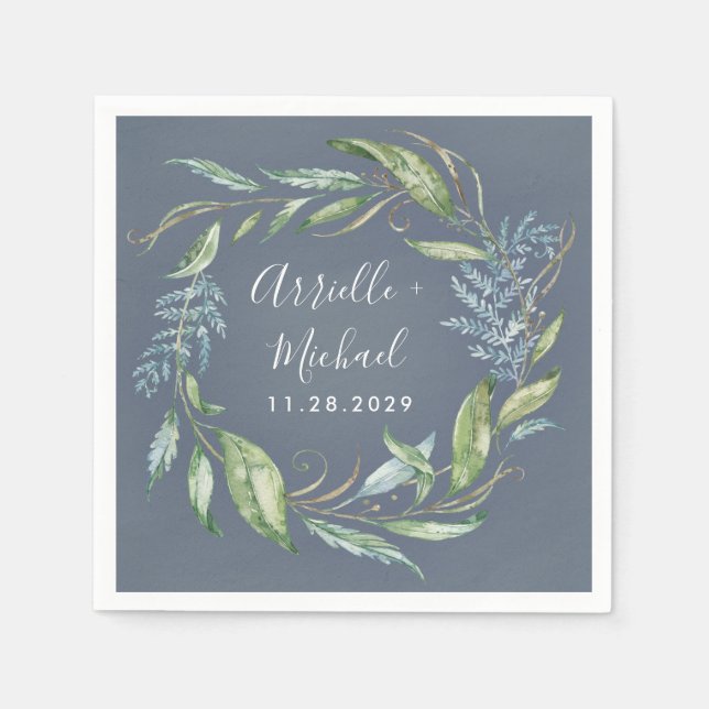 Serviette En Papier Aquarelle bleue Eucalyptus Vert Mariage de couronn (Devant)