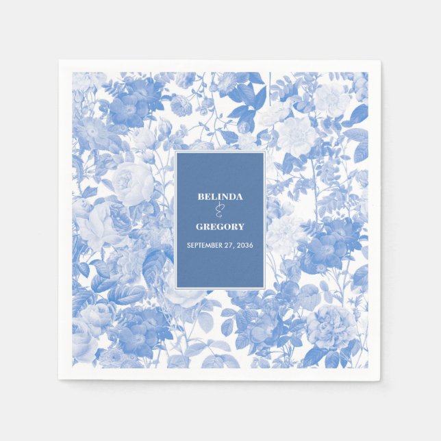 Serviette En Papier Aquarelle bleue Mariage de fleurs botaniques (Devant)