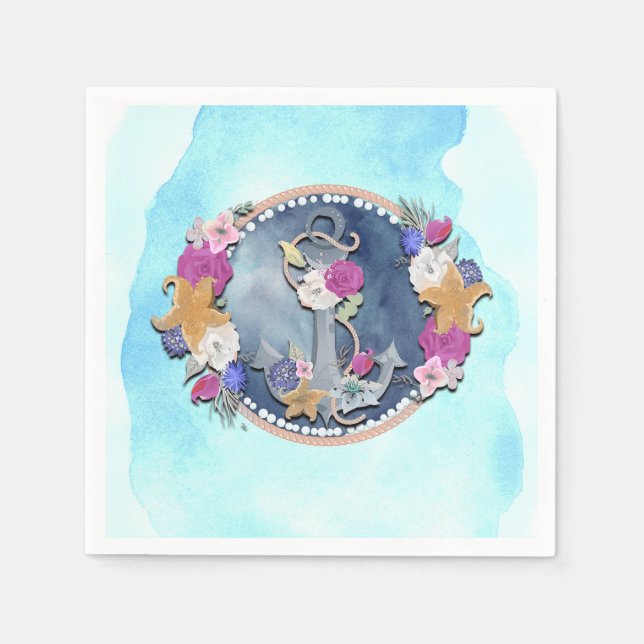 Serviette En Papier Aquarelle bleue moderne florale nautique ancre (Devant)