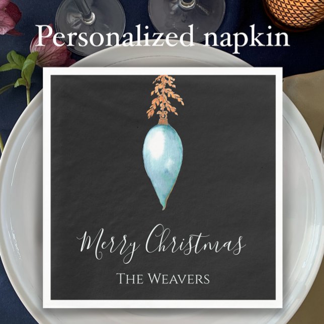 Serviette En Papier Aquarelle bleue personnalisée Noël Bauble (Add name. Customize text. Unique watercolor Christmas bauble. Modern simple blue holiday napkin.)