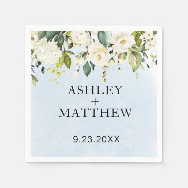 Serviette En Papier Aquarelle Bleue Rose Blanche Élégant Mariage servi (Devant)