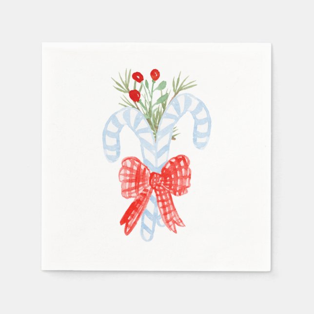 Serviette En Papier Aquarelle Blue Bow Candycane Cocktail Serviettes (Devant)