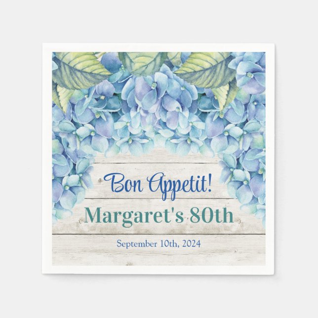 Serviette En Papier Aquarelle Blue Hydrangea 80e anniversaire (Devant)