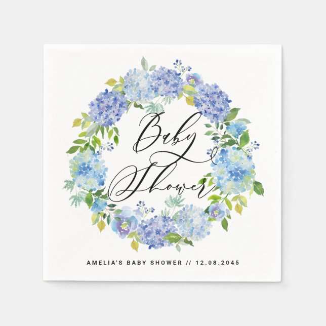 Serviette En Papier Aquarelle Blue Hydrangeas Wreath Baby shower (Devant)
