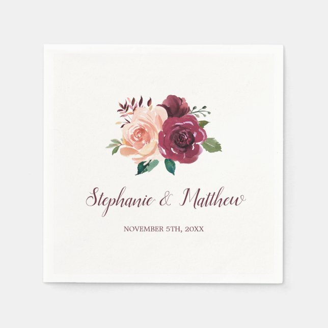Serviette En Papier Aquarelle Blush rose Bourgogne Rose Floral Mariage (Devant)