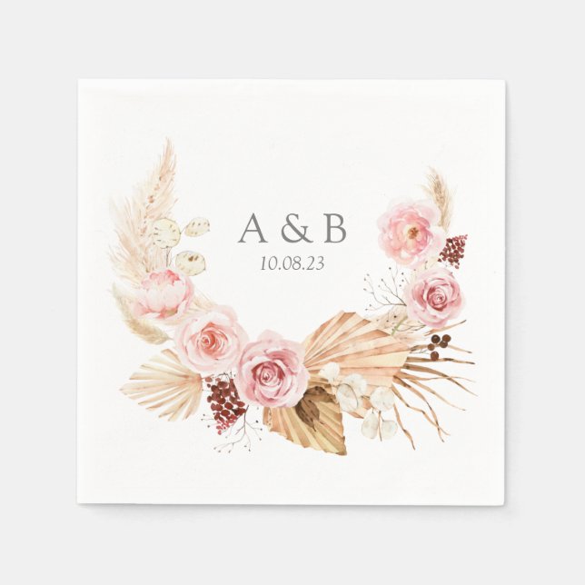 Serviette En Papier Aquarelle Boho FLoral Pampas Grass Mariage (Devant)