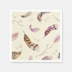 Serviette En Papier Aquarelle Boho Nature Plumes rustiques