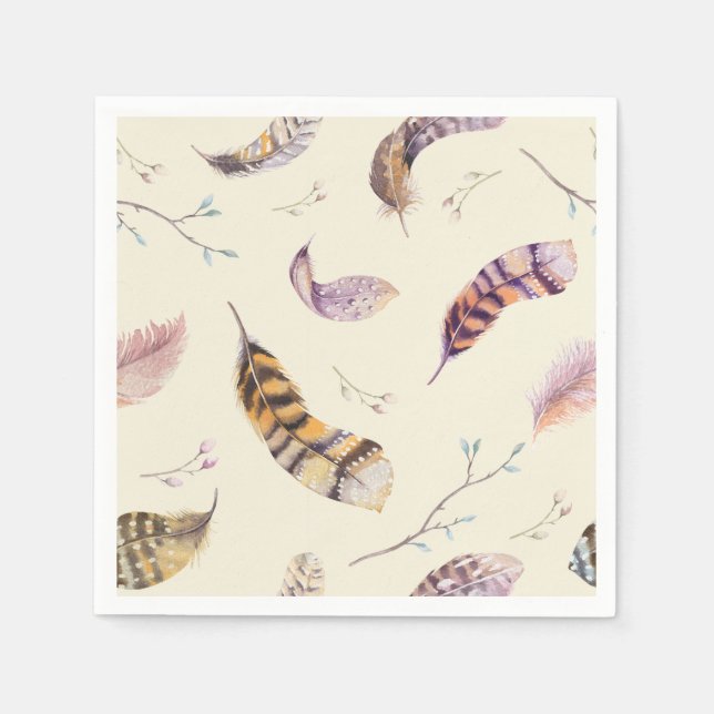 Serviette En Papier Aquarelle Boho Nature Plumes rustiques (Devant)