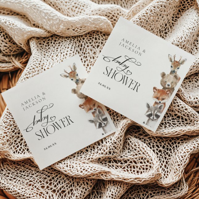 Serviette En Papier Aquarelle Bois Animaux Baby shower moderne (Créateur téléchargé)