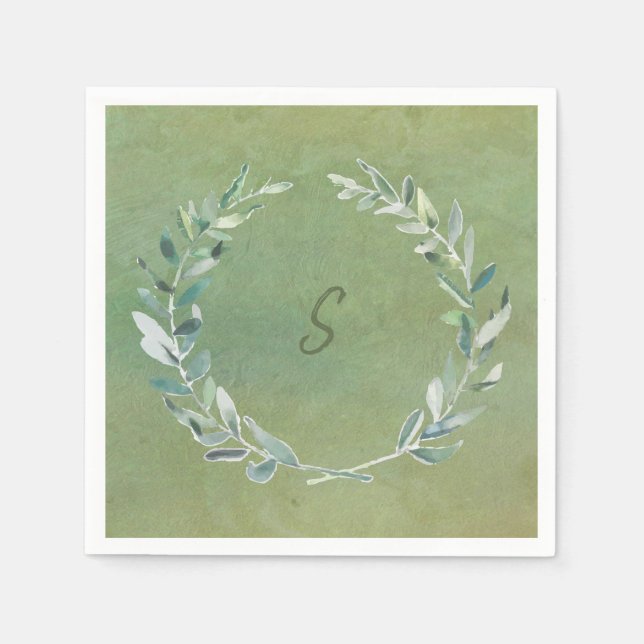 Serviette En Papier Aquarelle botanique feuille vert monogrammé (Devant)