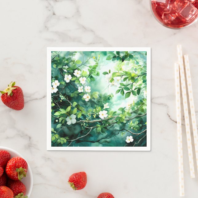 Serviette En Papier Aquarelle botanique Fleurs blanches Feuilles verte (En situation)