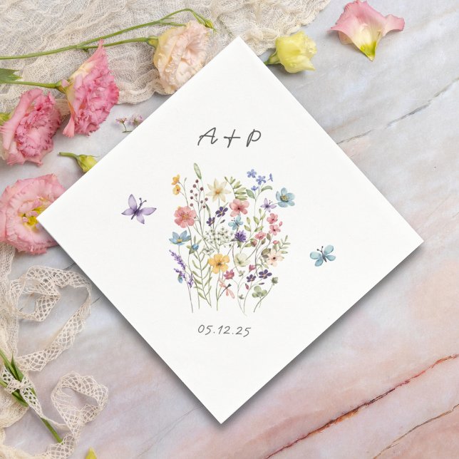 Serviette En Papier Aquarelle botanique Fleurs sauvages Monogramme Mar (Créateur téléchargé)