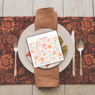 Serviette En Papier Aquarelle botanique motif personnalisé rose blanc