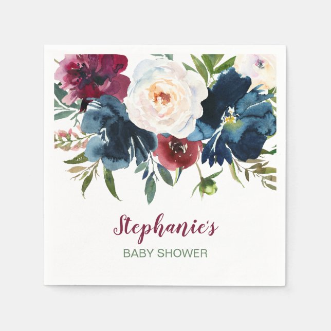 Serviette En Papier Aquarelle Bourgogne Baby shower des fleurs de la m (Devant)