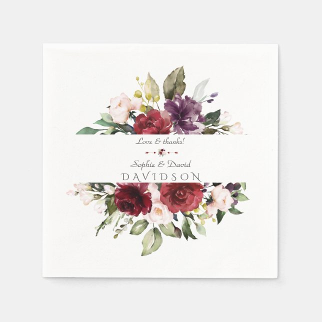 Serviette En Papier Aquarelle Bourgogne Blush Flowers Mariage de cadre (Devant)