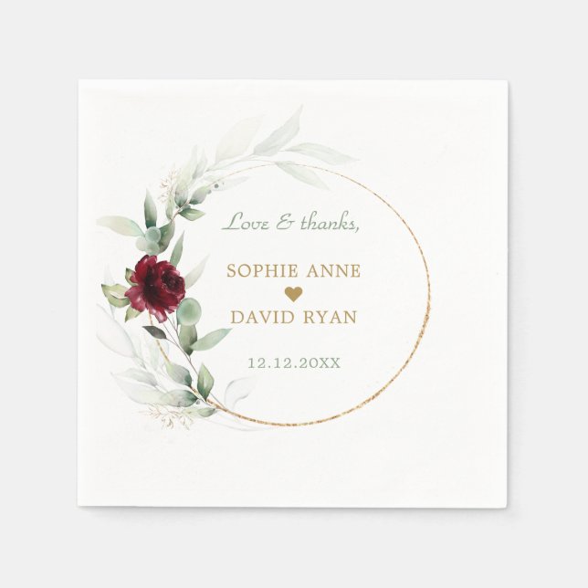 Serviette En Papier Aquarelle Bourgogne Floral Feuille Mariage (Devant)