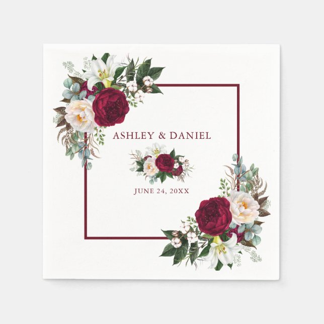Serviette En Papier Aquarelle Bourgogne Floral Mariage (Devant)