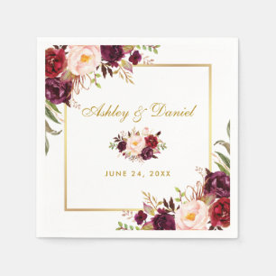 Serviette En Papier Aquarelle Bourgogne Floral Mariage or
