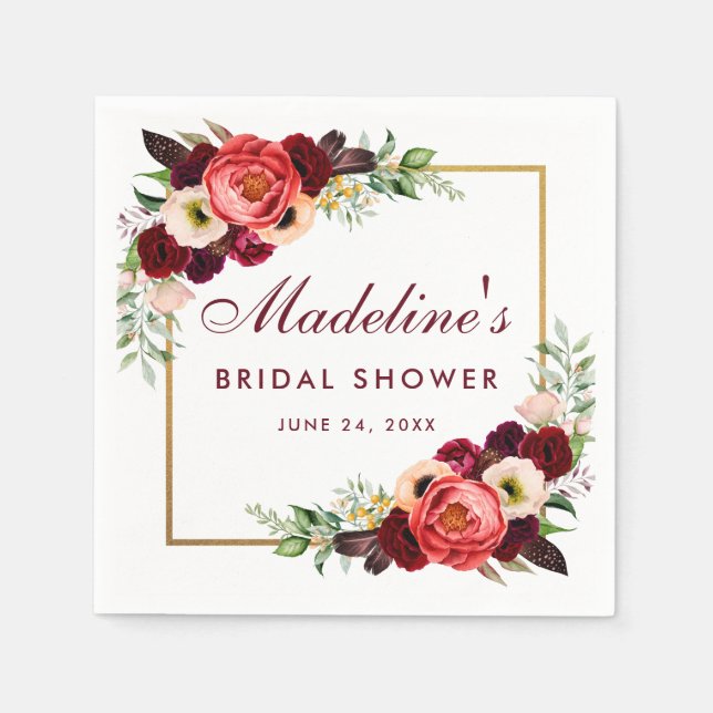 Serviette En Papier Aquarelle Bourgogne Florale Fête des mariées Boho  (Devant)