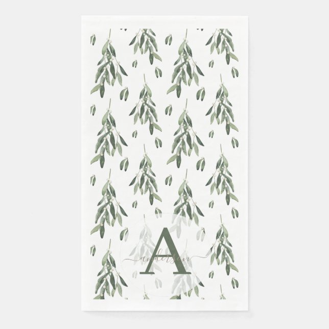 Serviette En Papier Aquarelle Branche de Gui Monogrammé Noël (Devant)