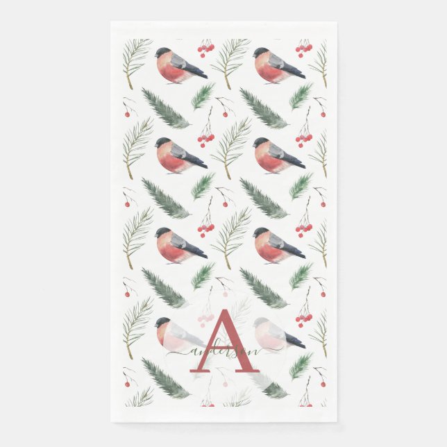 Serviette En Papier Aquarelle Bullfinch Pine Fir Monogramme Noël (Devant)