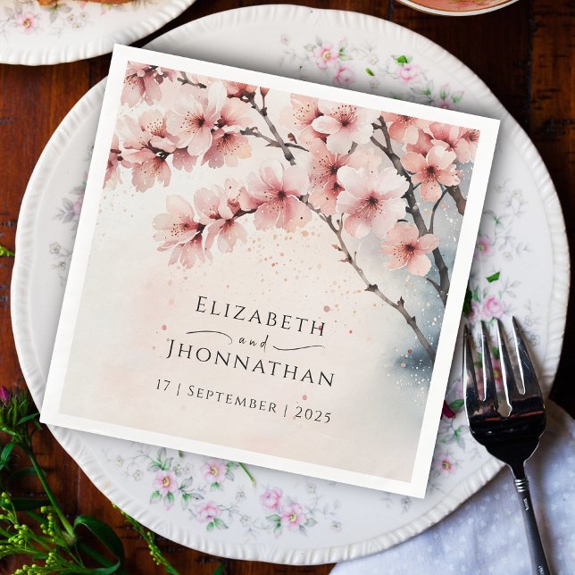 Serviette En Papier Aquarelle Cerise Fleur Chic Mariage Anniversaire (Créateur téléchargé)