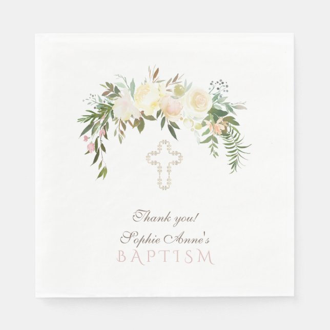 Serviette En Papier Aquarelle chic ivoire Baptême floral (Devant)