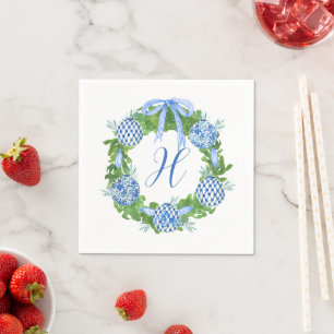 Serviette En Papier Aquarelle Chinoiserie Wreath Noël Monogramme