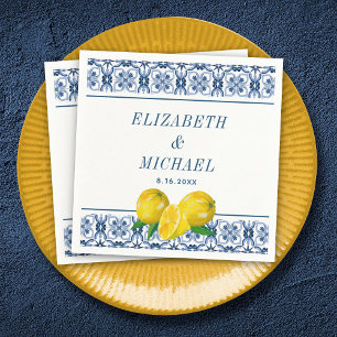 Serviette En Papier Aquarelle Citron bleu italien Carrelage Mariage