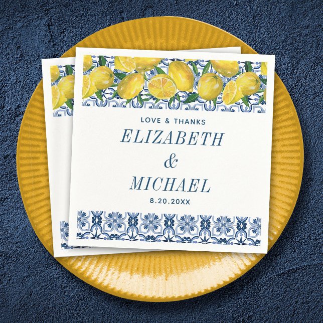 Serviette En Papier Aquarelle Citron bleu italien Carrelage Mariage (An elegant Mediterranean lemon wedding napkin)