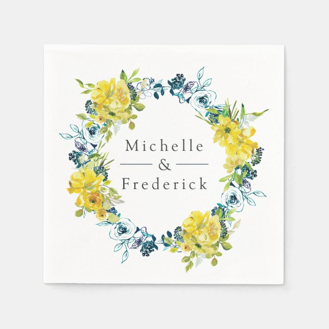 Serviette En Papier Aquarelle Citron et Mariage Floral Turquoise (Devant)