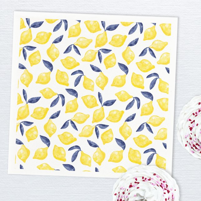 Serviette En Papier Aquarelle Citron Motif (Blue yellow and white watercolor lemon pattern paper napkin)