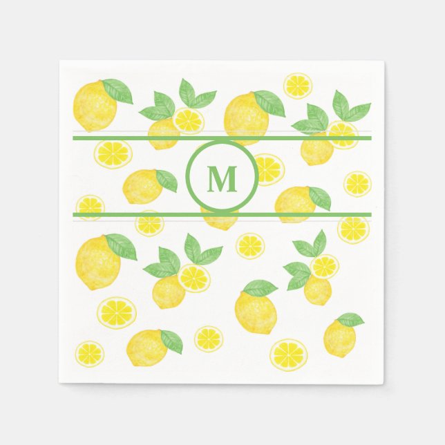 Serviette En Papier Aquarelle citron motif monogramme personnalisé (Devant)