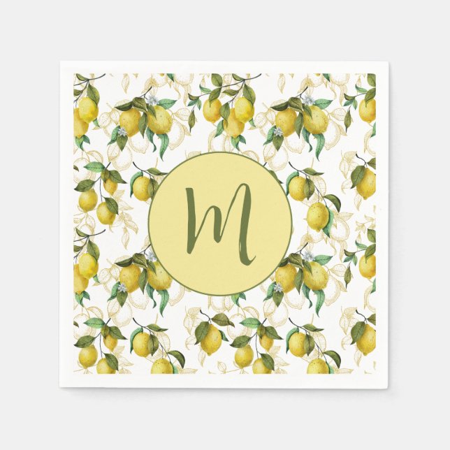 Serviette En Papier Aquarelle Citron Motif personnalisé initial (Devant)