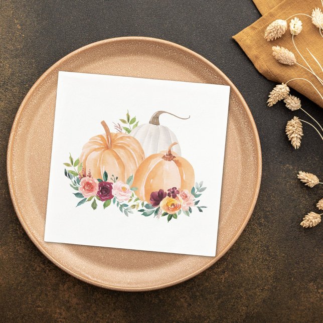 Serviette En Papier Aquarelle Citrouilles d'automne et Fleurs Boho (In situ)