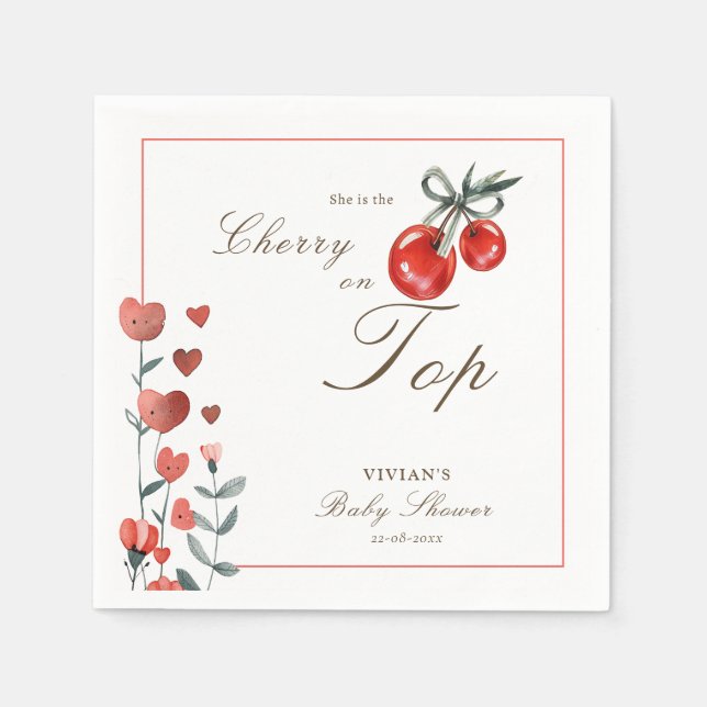 Serviette En Papier Aquarelle Coeur cerise florale sur le Baby shower  (Devant)