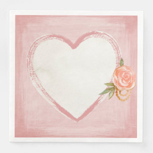 Serviette En Papier Aquarelle Coeur et Rose rose