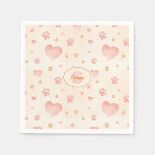 Serviette En Papier Aquarelle Coeurs et Empreintes de pattes Motif