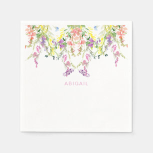 Serviette En Papier Aquarelle colorée Fleurs sauvages Nom personnalisé