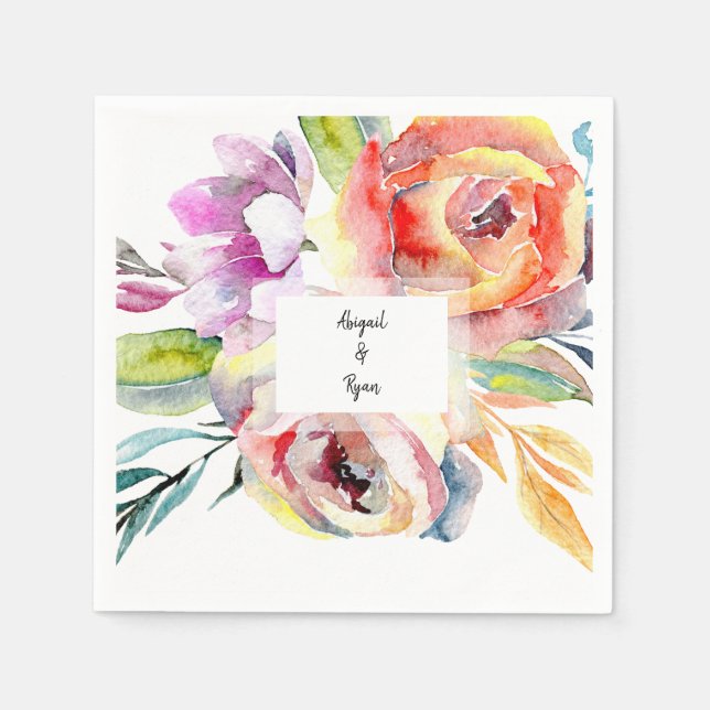 Serviette En Papier Aquarelle Colorée Nom Floral (Devant)