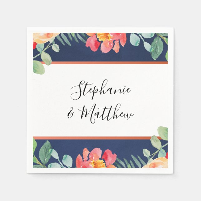 Serviette En Papier Aquarelle Coral Floral Marine Mariage bleu (Devant)