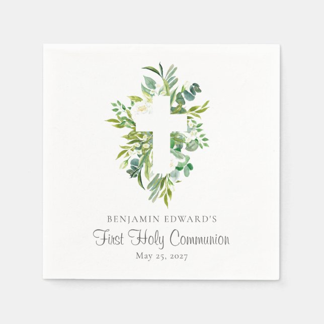 Serviette En Papier Aquarelle Croix Florale Verdure Première communion (Devant)