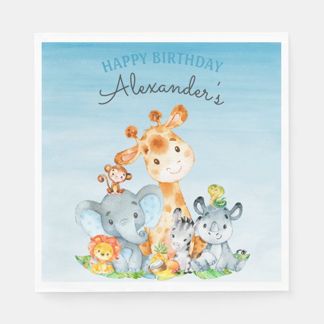 Serviette En Papier Aquarelle Cute Safari Jungle Animaux Anniversaire (Devant)