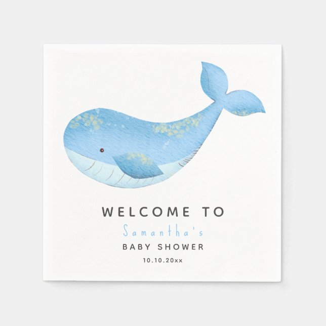 Serviette En Papier Aquarelle de baleine bienvenue au baby shower (Devant)