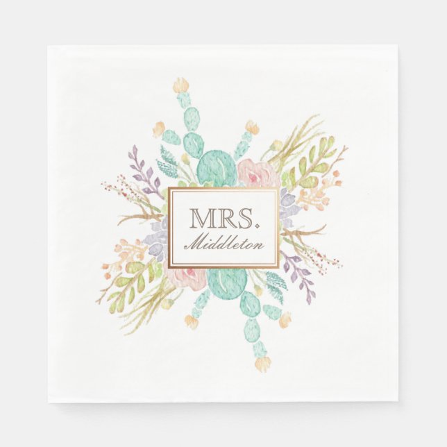 Serviette En Papier Aquarelle de bouquet Succulente | Nom personnalisé (Devant)