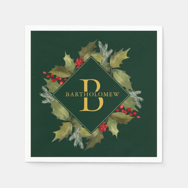 Serviette En Papier Aquarelle de Noël Gros Monogramme Holly Wreath (Devant)