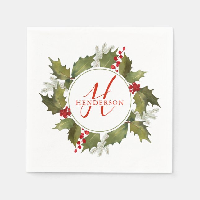 Serviette En Papier Aquarelle de Noël Monogramme Script Holly Wreath (Devant)