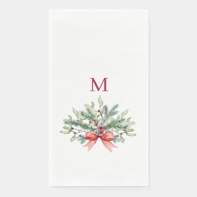 Serviette En Papier Aquarelle de Noël Vert Monogramme rouge (Devant)