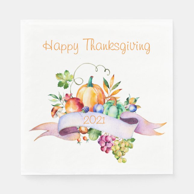 Serviette En Papier Aquarelle de Thanksgiving Citrouilles et fruits (Devant)
