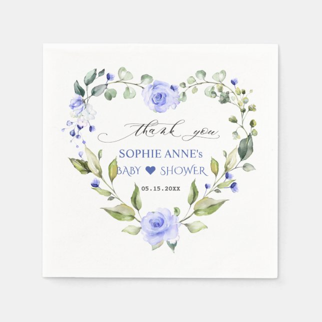 Serviette En Papier Aquarelle Delicate Baby shower Floral Bleu (Devant)